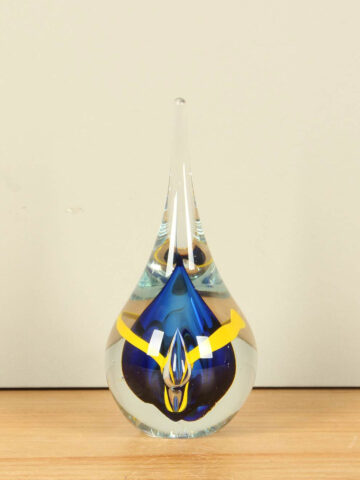 Glasskulptur Tropfen blau/gelb, 19 cm