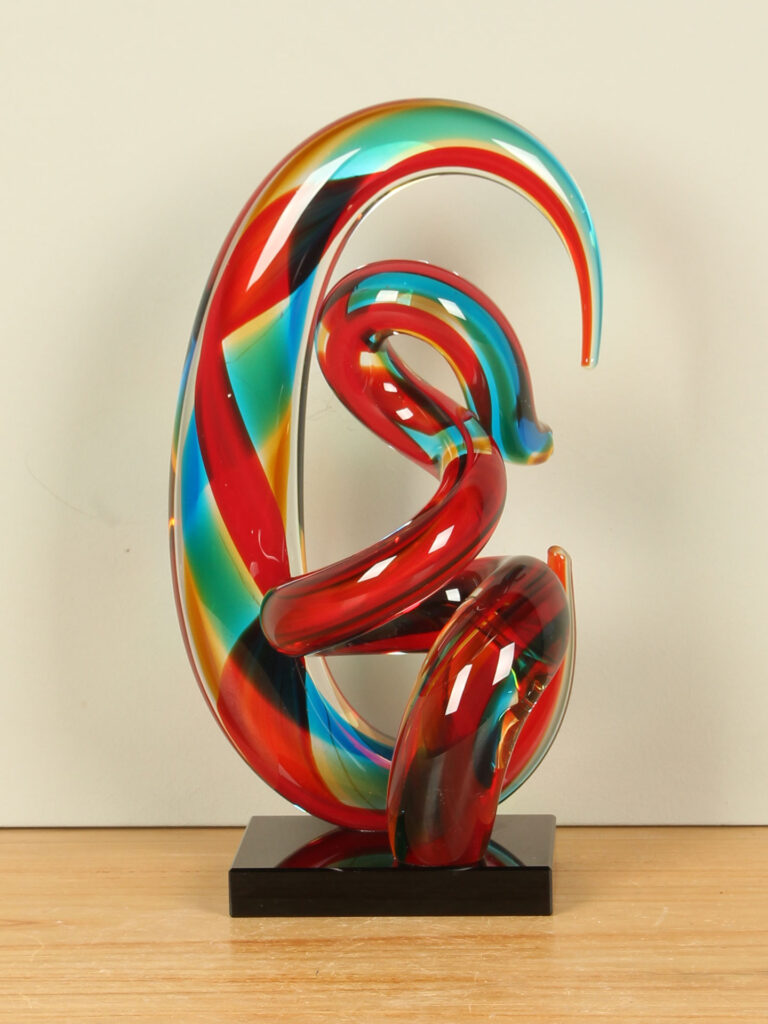 Kunstwerk aus Glas blau/rot/ocker, 32 cm